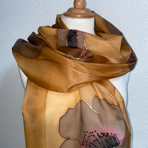 Poppies Design Long Silk Scarf : Hand Painted Silk