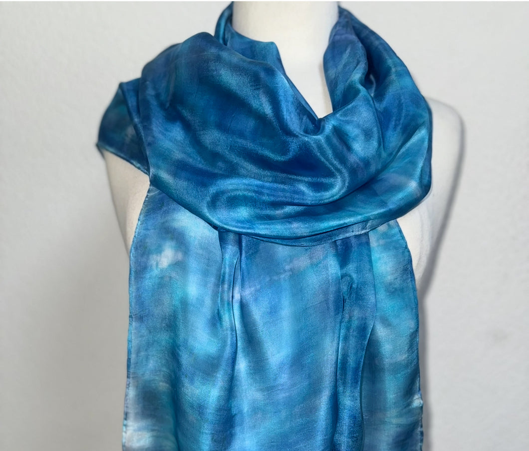 Hand Dyed Long Silk Scarf in Light Blues by Designer Silk Artist