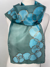 Load image into Gallery viewer, Bubbles Design Hand Painted Silk Neck Scarf in Green Teal Turquoise
