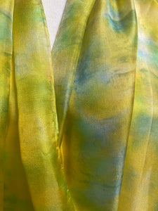 Hand Dyed Long Silk Scarf in Golden Yellow Lime Aqua