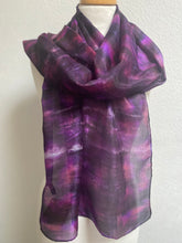 Load image into Gallery viewer, Hand Dyed Long Silk Scarf in Purple Black Pink
