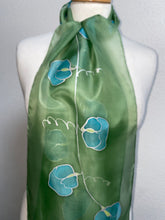 Load image into Gallery viewer, Sweet Peas Design Hand Painted Silk Neck Scarf in Apple Green Turquoise
