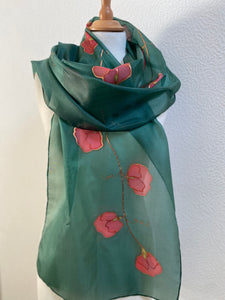 Sweet Peas Design X Long Silk Scarf in Green & Red : Hand Painted Silk
