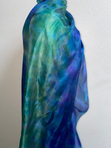 Hand Dyed Long Silk Scarf in Shades of Cobalt Navy Jade