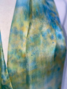 Hand Dyed Long Silk Scarf in Shades of Aqua Blue Green Gold