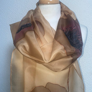 Poppies Design X Long Silk Scarf in Copper & Camel : Hand Painted Silk