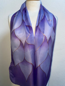 Flames Design Hand Painted Silk Neck Scarf in Purples Lilac