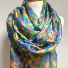 Load image into Gallery viewer, Hand Dyed Long Silk Scarf in Cottage Garden Colours by Designer Silk Artist
