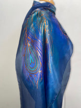 Load image into Gallery viewer, Peacock Feathers Design X Long Silk Scarf in Blue Turquoise : Hand Painted Silk
