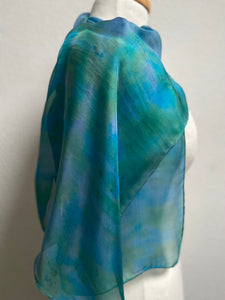 Hand Dyed Silk Neck Scarf in Jade Green Turquoise Grey