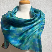 Load image into Gallery viewer, Hand Dyed Square Silk Scarf in Blue Teal Turquoise Jade Green
