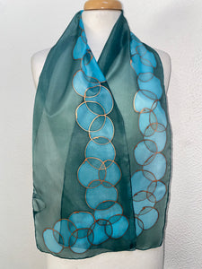 Bubbles Design Hand Painted Silk Neck Scarf in Green Teal Turquoise