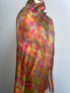 Hand Dyed Long Silk Scarf in Vibrant Pinks Gold Green Blue