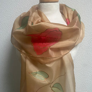 Roses Design X Long Silk Scarf in Camel & Red : Hand Painted Silk