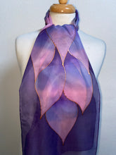 Load image into Gallery viewer, Flames Design Hand Painted Silk Neck Scarf in Purple, Pinks
