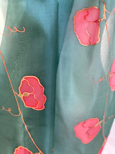 Sweet Peas Design X Long Silk Scarf in Green & Red : Hand Painted Silk