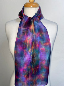 Hand Dyed Silk Neck Scarf in Multi Blue Purple Pink Coral