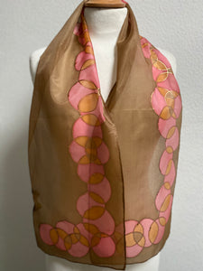 Bubbles Hand Painted Silk Neck Scarf in Brown Red Copper