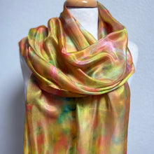 Load image into Gallery viewer, Hand Dyed Long Silk Scarf in Orange Lemon Coral Green Stripes by Designer Silk Artist
