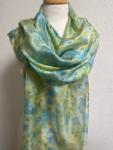 Load image into Gallery viewer, Hand Dyed Long Silk Scarf in Shades of Aqua Blue Green Gold
