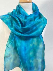 Hand Dyed Silk Neck Scarf in Turquoise Aqua Teal Blue