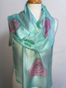 Roses Design X Long Silk Scarf in Pink & Mint : Hand Painted Silk