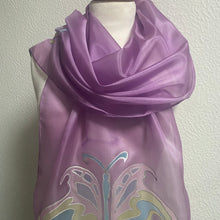 Load image into Gallery viewer, Butterfly Design X Long Silk Scarf in Orchid Pink : Hand Painted Silk
