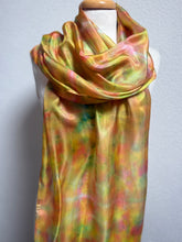 Load image into Gallery viewer, Hand Dyed Long Silk Scarf in Orange Lemon Coral Green Stripes by Designer Silk Artist
