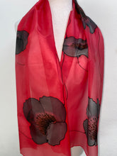 Load image into Gallery viewer, Hand painted long silk scarf in Poppy Noir Design in red and black
