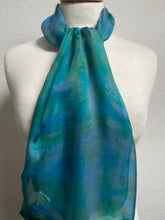 Load image into Gallery viewer, Hand Dyed Silk Neck Scarf in Jade Green Turquoise Grey
