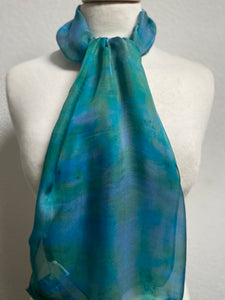 Hand Dyed Silk Neck Scarf in Jade Green Turquoise Grey