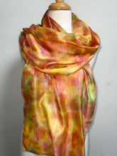 Load image into Gallery viewer, Hand Dyed Long Silk Scarf in Golden Yellow Coral Green Red by Designer Silk Artist
