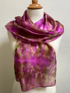 Hand Dyed Silk Neck Scarf in Brown Purple Green