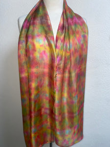 Hand Dyed Long Silk Scarf in Vibrant Pinks Gold Green Blue