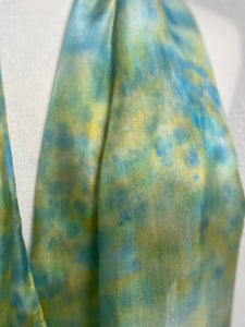 Hand Dyed Long Silk Scarf in Shades of Aqua Blue Green Gold