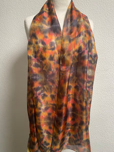 Hand Dyed Long Silk Scarf in Orange Charcoal Beige