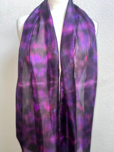 Hand Dyed Long Silk Scarf in Shades of Pink Purple Black