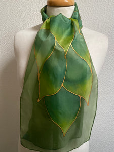Flames Design Hand Painted Silk Neck Scarf in Greens