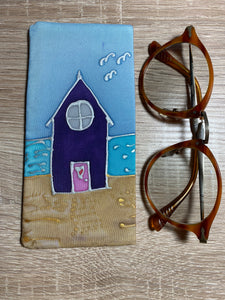 Beach Hut Design Glasses Case Hand Painted Silk
