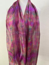 Load image into Gallery viewer, Hand Dyed Long Silk Scarf in Deep Pink Olive Navy Blue
