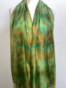 Hand Dyed Long Silk Scarf in Greens and Tan