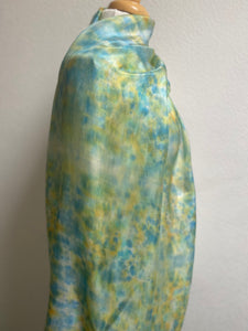 Hand Dyed Long Silk Scarf in Shades of Aqua Blue Green Gold