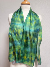 Load image into Gallery viewer, Hand Dyed Silk Neck Scarf in Teal Green Lime Lemon by Designer Silk Artist
