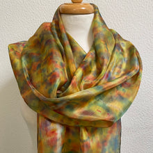 Load image into Gallery viewer, Hand Dyed Long Silk Scarf in Golden Ochre, Red, Tan, Green
