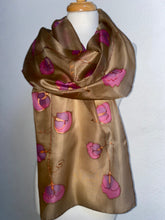 Load image into Gallery viewer, Sweet Peas Design X Long Silk Scarf : Hand Painted Silk in Chocolate Brown &amp; Pink
