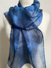 Load image into Gallery viewer, Hand Dyed Silk Neck Scarf in Dark Navy Light Blue Grey
