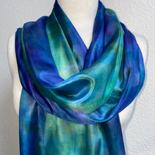 Load image into Gallery viewer, Hand Dyed Long Silk Scarf in Shades of Cobalt Navy Jade

