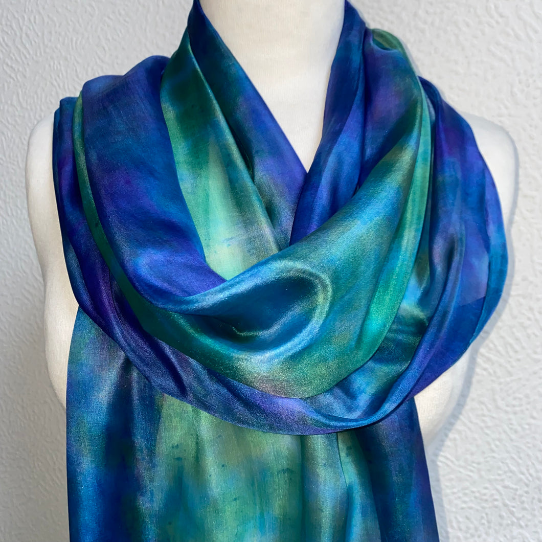 Hand Dyed Long Silk Scarf in Shades of Cobalt Navy Jade