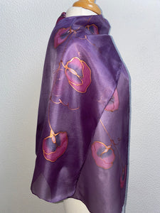 Sweet Pea Design Long Scarf : Hand Painted Silk in Pink Purple Copper