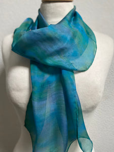 Hand Dyed Silk Neck Scarf in Jade Green Turquoise Grey